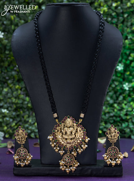 Black thread necklace kemp stones with lakshmi pendant and golden beads hangings