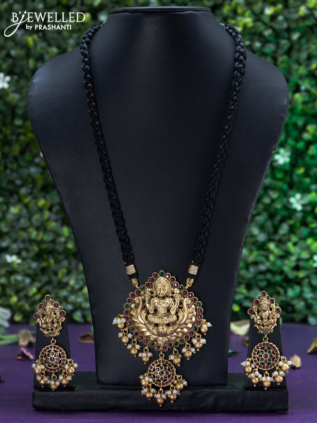 Black thread necklace kemp stones with lakshmi pendant and golden beads hangings