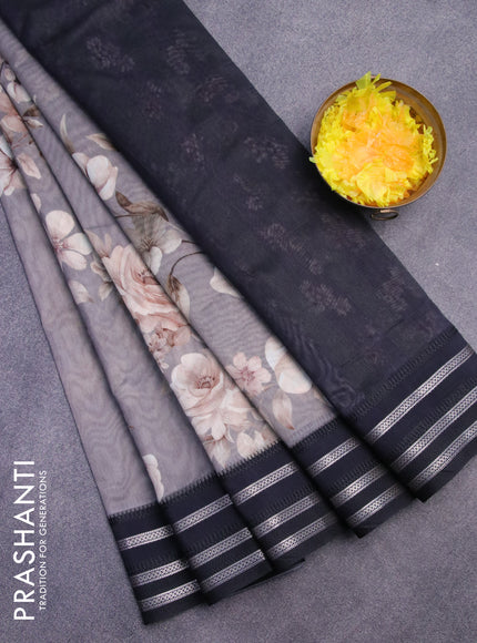 Maheshwari silk cotton saree grey and black with allover floral prints and thread & zari woven border