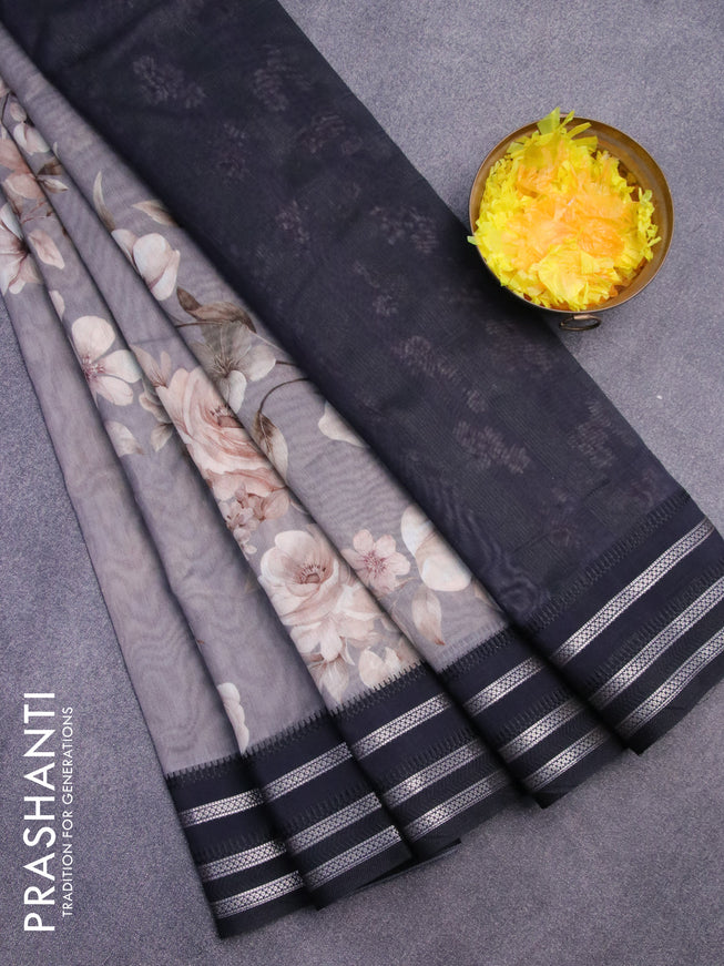 Maheshwari silk cotton saree grey and black with allover floral prints and thread & zari woven border