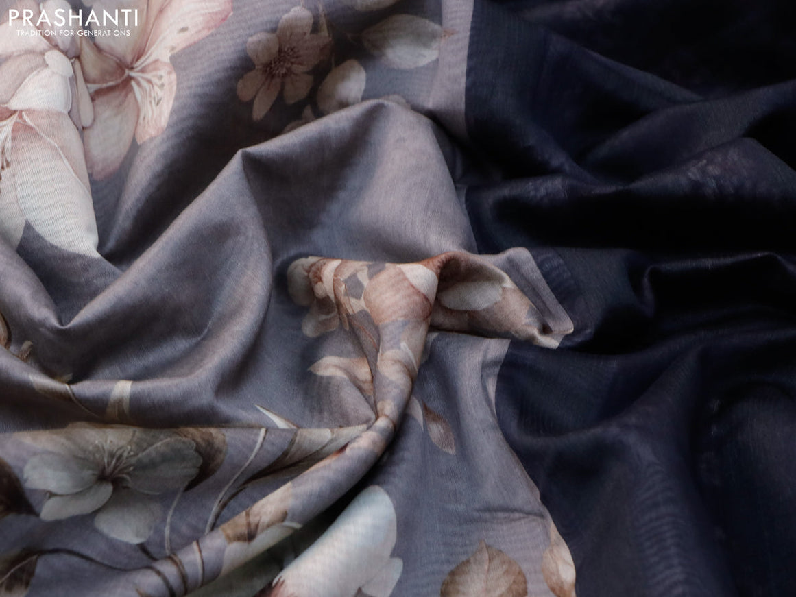 Maheshwari silk cotton saree grey and black with allover floral prints and thread & zari woven border