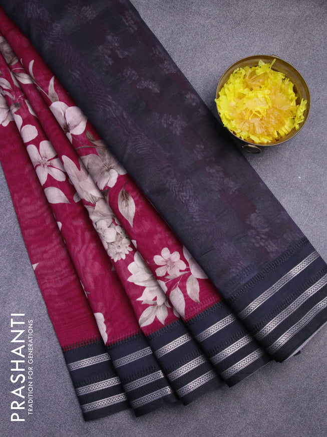 Maheshwari silk cotton saree maroon and black with allover floral prints and thread & zari woven border