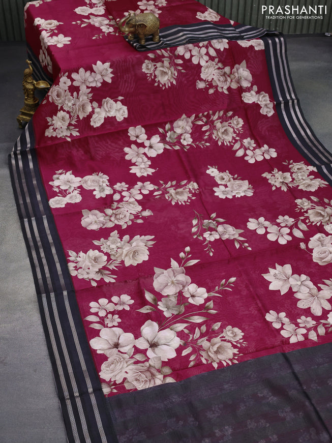 Maheshwari silk cotton saree maroon and black with allover floral prints and thread & zari woven border