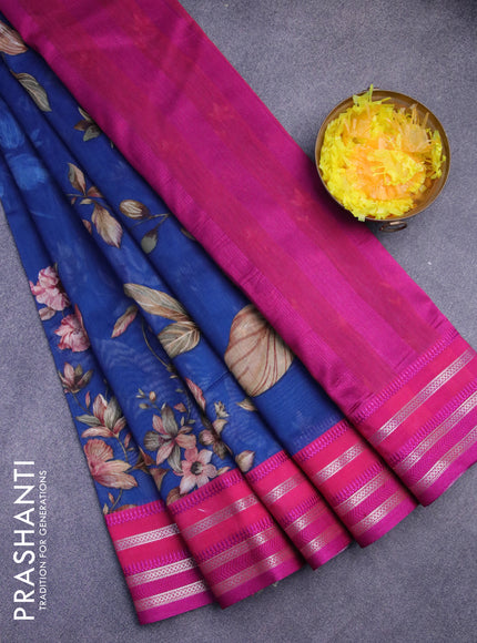 Maheshwari silk cotton saree peacock blue and pink with allover floral prints and thread & zari woven border