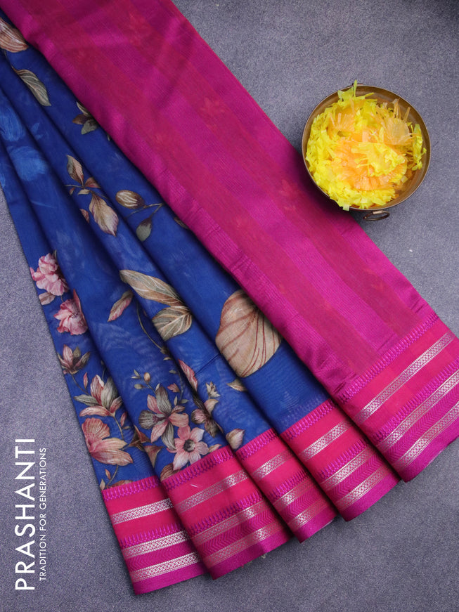 Maheshwari silk cotton saree peacock blue and pink with allover floral prints and thread & zari woven border