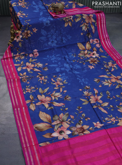 Maheshwari silk cotton saree peacock blue and pink with allover floral prints and thread & zari woven border