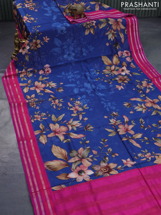 Maheshwari silk cotton saree peacock blue and pink with allover floral prints and thread & zari woven border