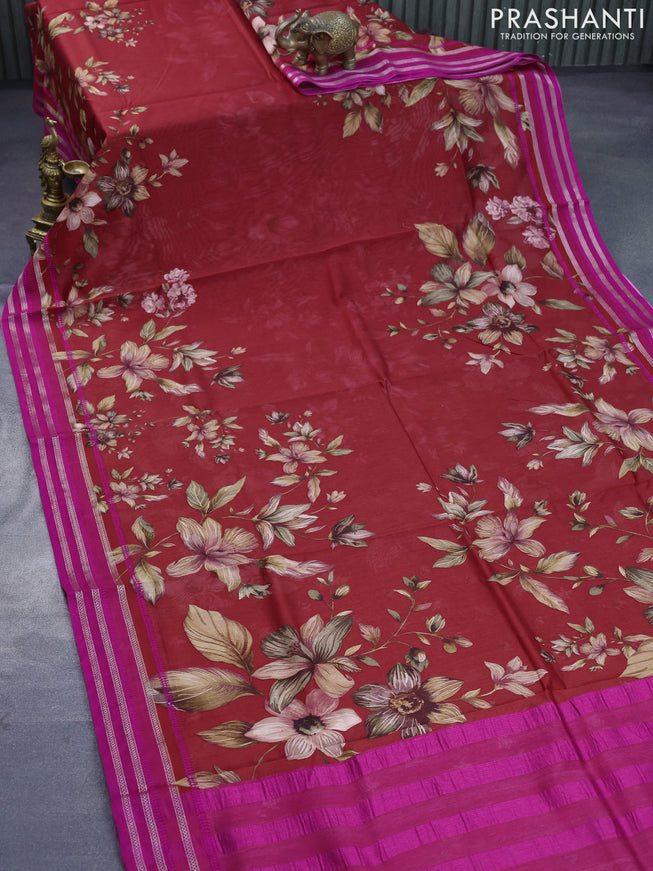 Maheshwari silk cotton saree red and pink with allover floral prints and thread & zari woven border