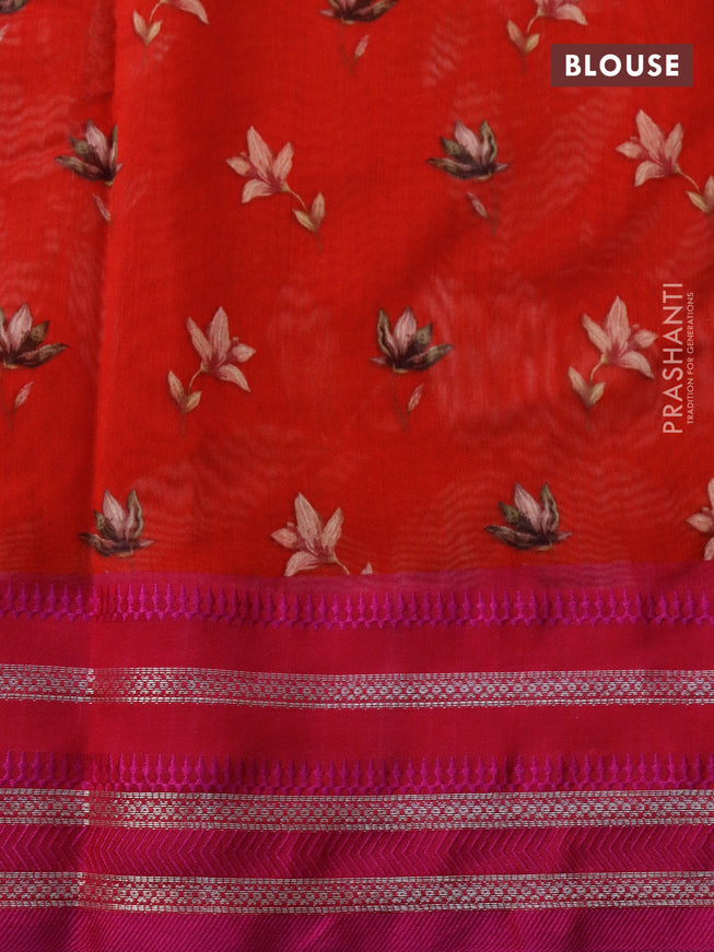 Maheshwari silk cotton saree red and pink with allover floral prints and thread & zari woven border