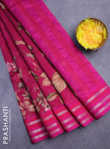 Maheshwari silk cotton saree dark pink with allover floral prints and thread & zari woven border