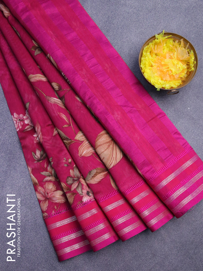 Maheshwari silk cotton saree dark pink with allover floral prints and thread & zari woven border