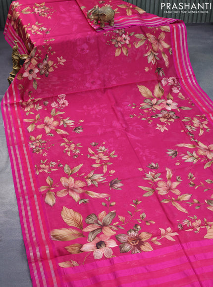 Maheshwari silk cotton saree dark pink with allover floral prints and thread & zari woven border