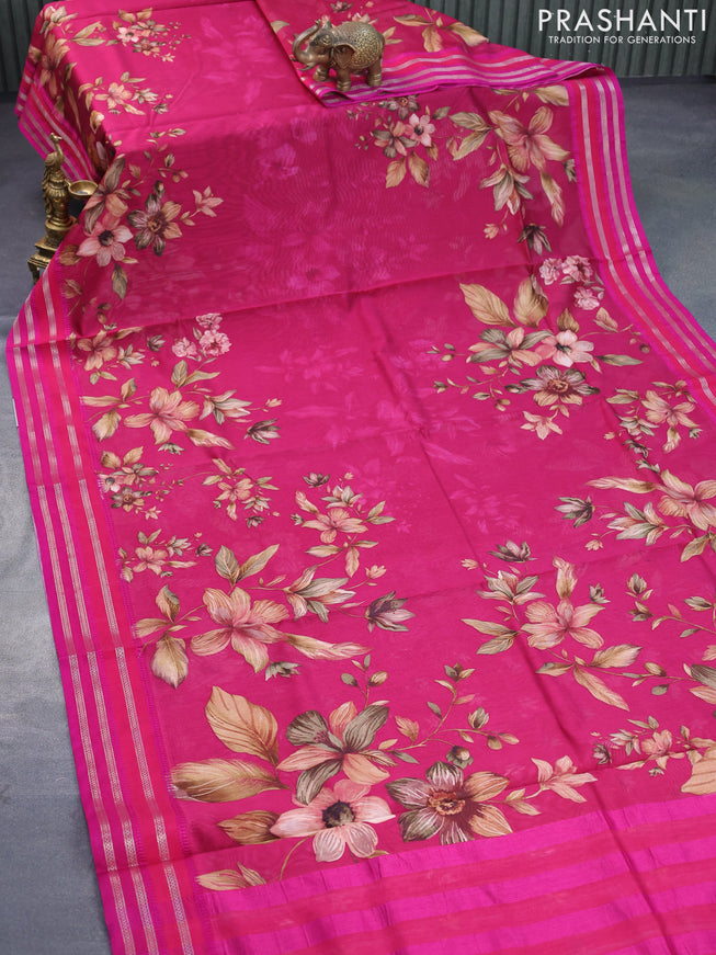 Maheshwari silk cotton saree dark pink with allover floral prints and thread & zari woven border