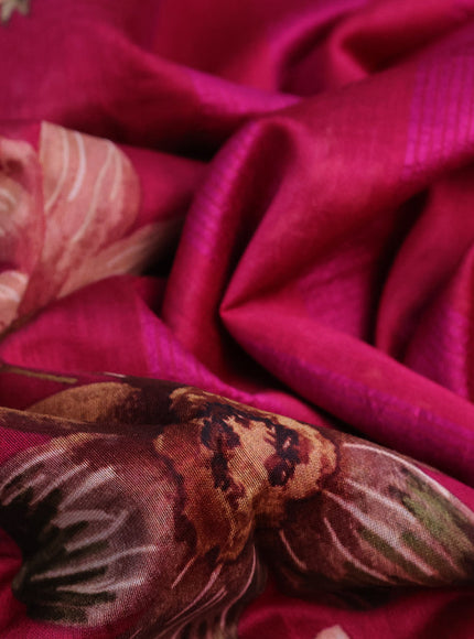 Maheshwari silk cotton saree dark pink with allover floral prints and thread & zari woven border