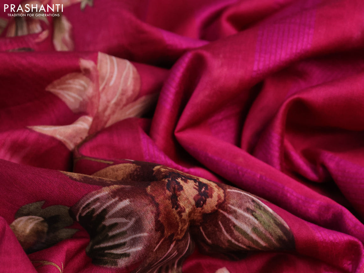 Maheshwari silk cotton saree dark pink with allover floral prints and thread & zari woven border