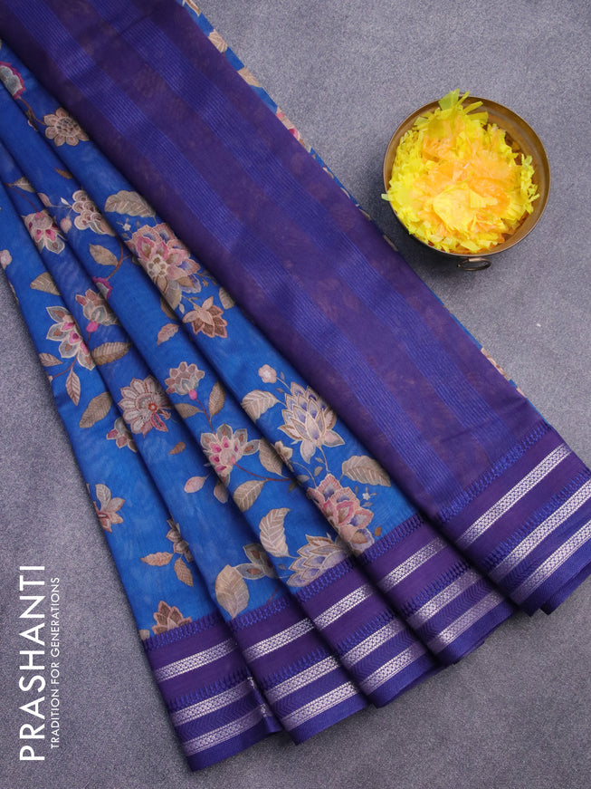 Maheshwari silk cotton saree cs blue and blue with allover floral prints and thread & zari woven border