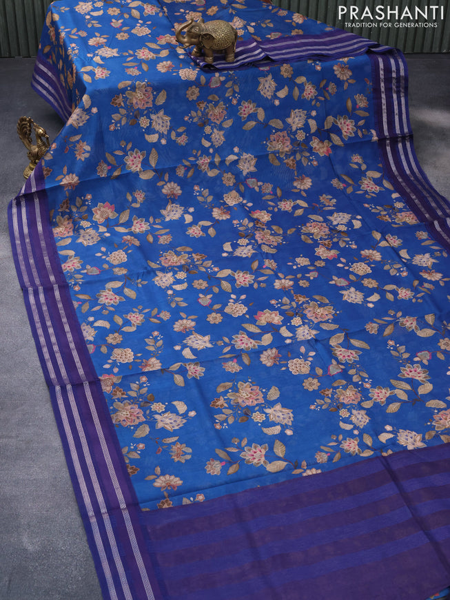 Maheshwari silk cotton saree cs blue and blue with allover floral prints and thread & zari woven border