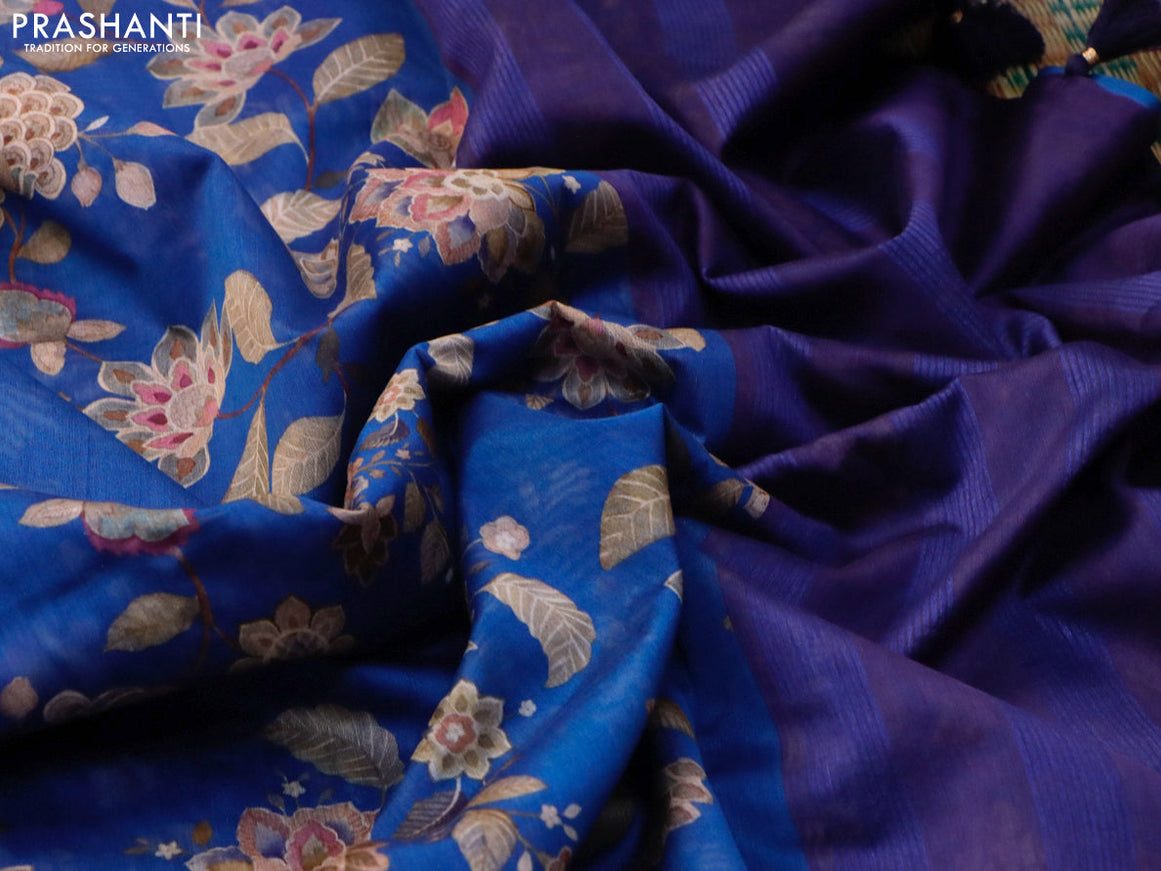 Maheshwari silk cotton saree cs blue and blue with allover floral prints and thread & zari woven border