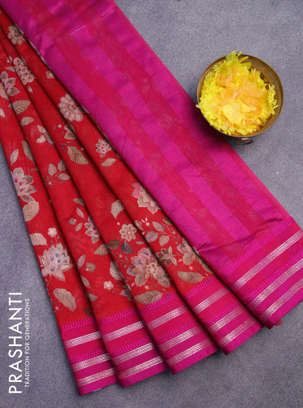 Maheshwari silk cotton saree red and pink with allover floral prints and thread & zari woven border