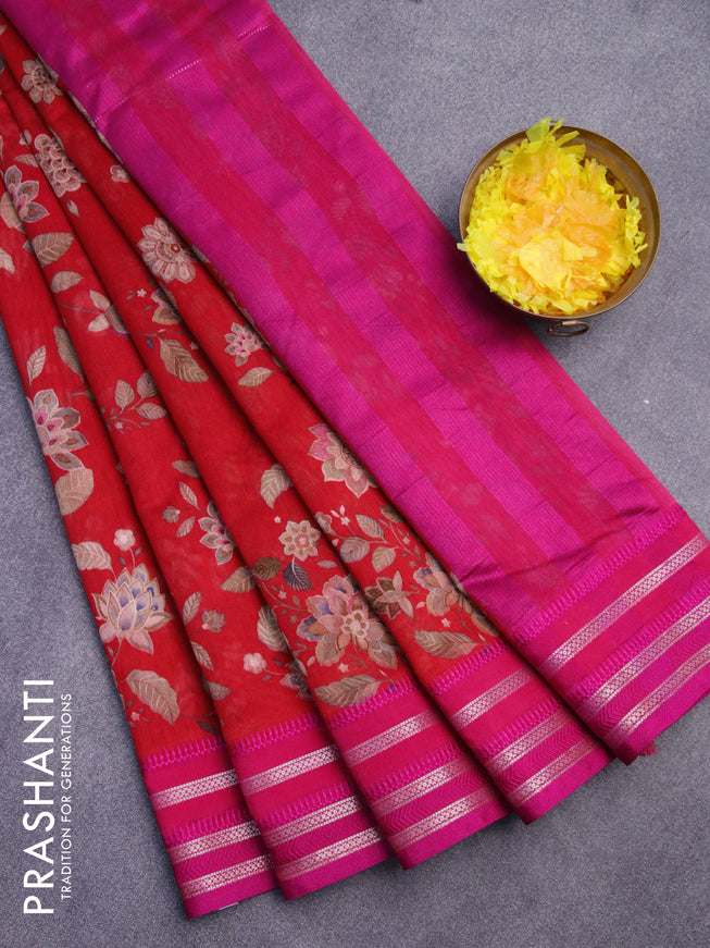 Maheshwari silk cotton saree red and pink with allover floral prints and thread & zari woven border