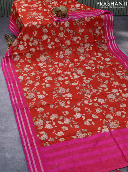 Maheshwari silk cotton saree red and pink with allover floral prints and thread & zari woven border