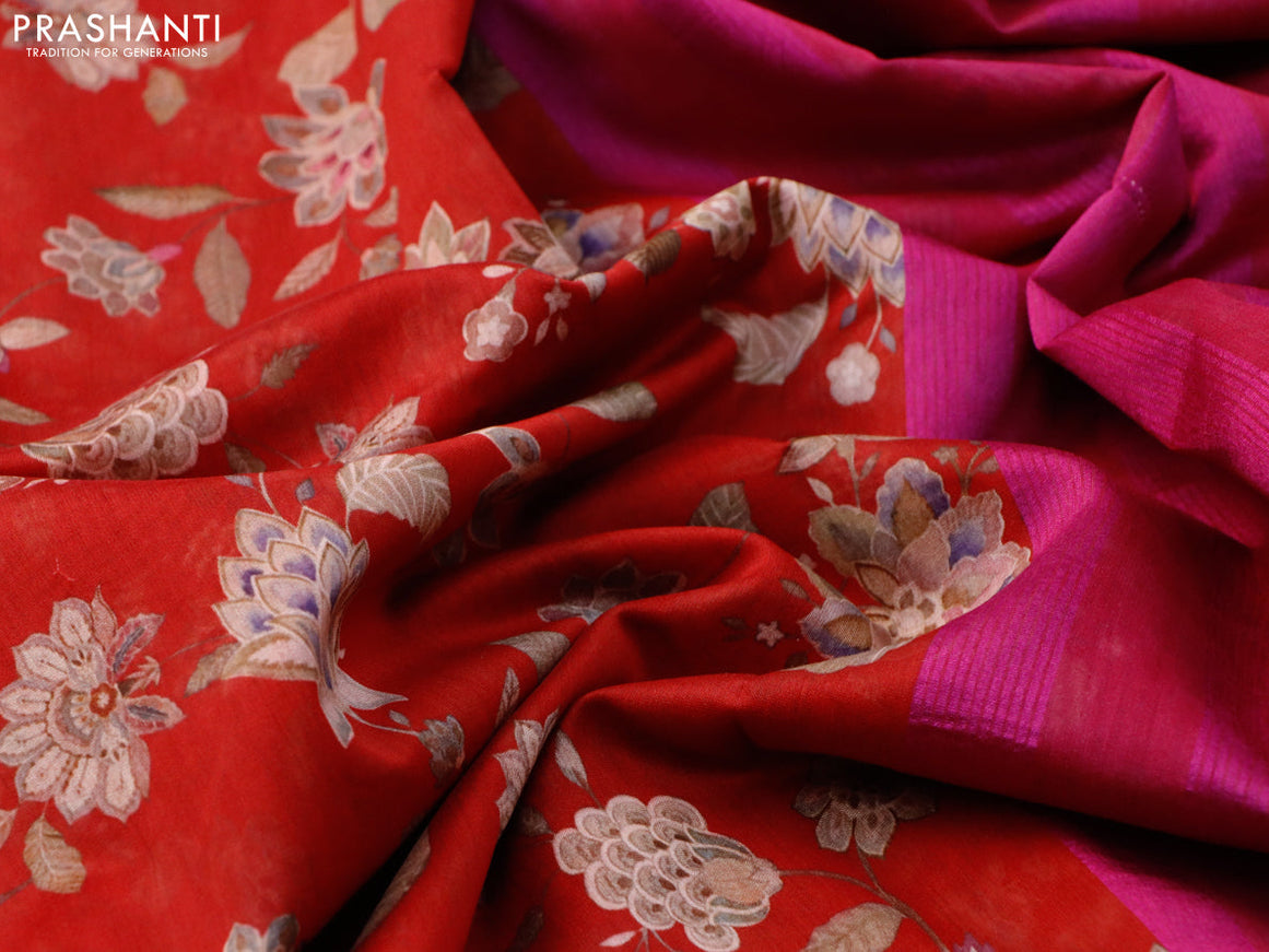 Maheshwari silk cotton saree red and pink with allover floral prints and thread & zari woven border