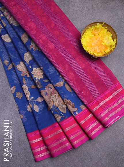 Maheshwari silk cotton saree blue and pink with allover floral prints and thread & zari woven border