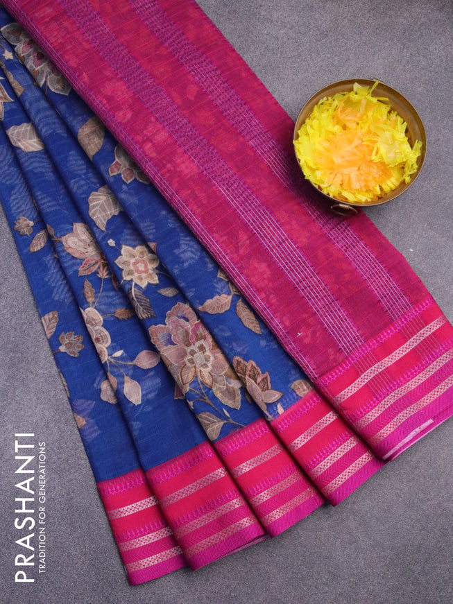 Maheshwari silk cotton saree blue and pink with allover floral prints and thread & zari woven border