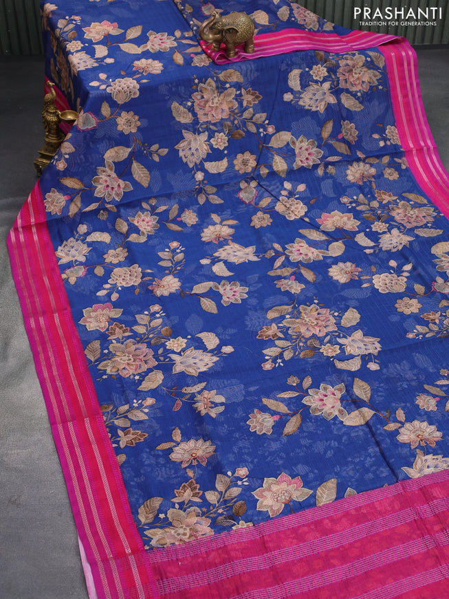 Maheshwari silk cotton saree blue and pink with allover floral prints and thread & zari woven border