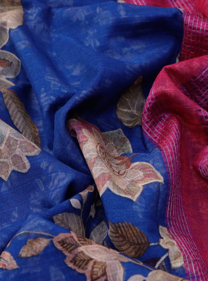 Maheshwari silk cotton saree blue and pink with allover floral prints and thread & zari woven border