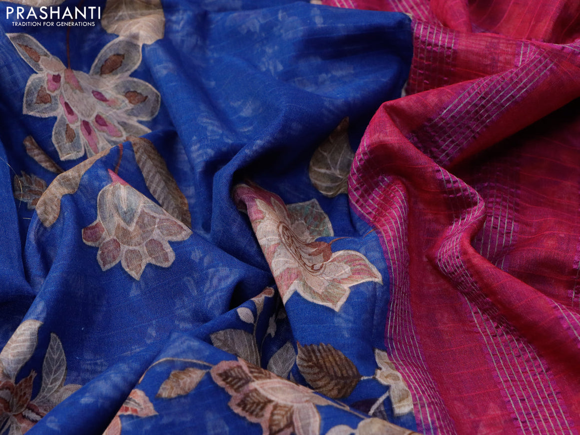 Maheshwari silk cotton saree blue and pink with allover floral prints and thread & zari woven border