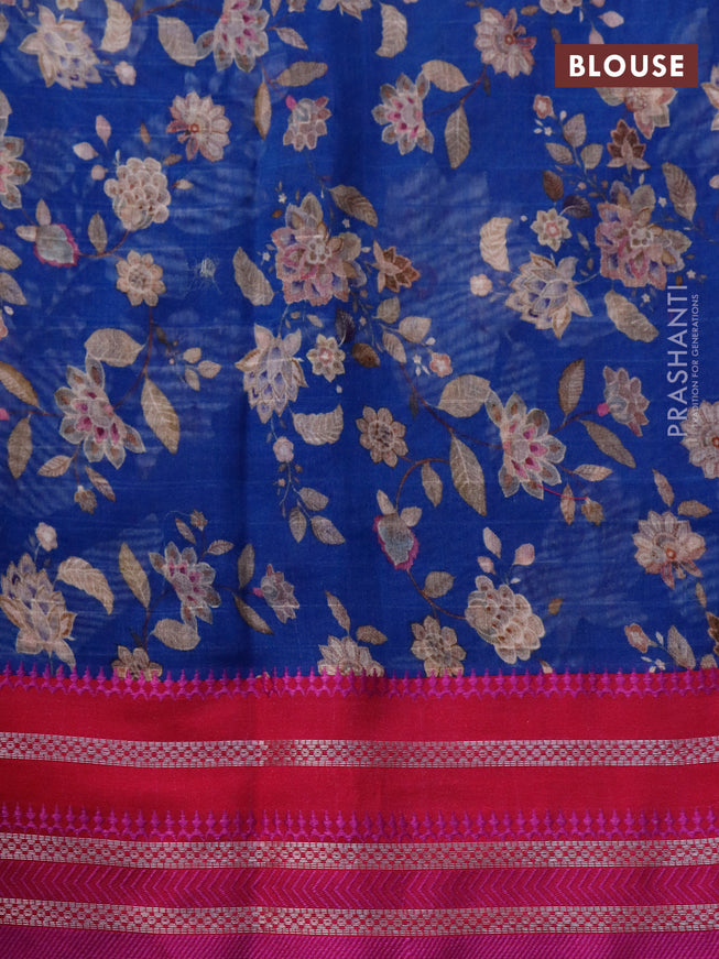 Maheshwari silk cotton saree blue and pink with allover floral prints and thread & zari woven border