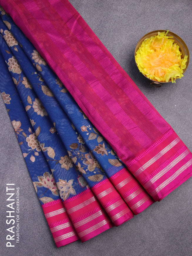 Maheshwari silk cotton saree peacock blue and pink with allover floral prints and thread & zari woven border