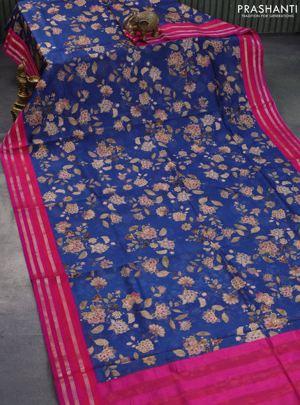 Maheshwari silk cotton saree peacock blue and pink with allover floral prints and thread & zari woven border