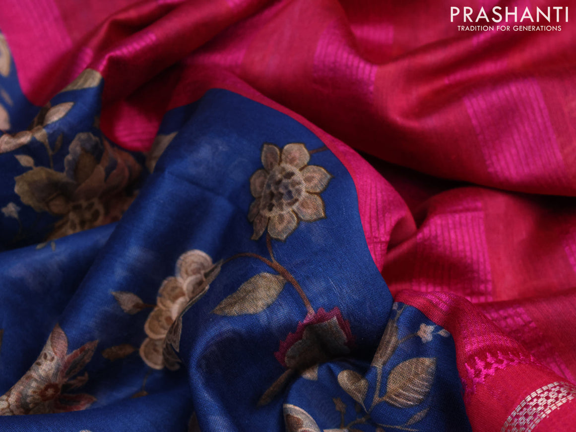 Maheshwari silk cotton saree peacock blue and pink with allover floral prints and thread & zari woven border