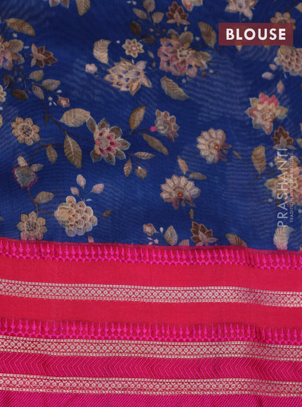 Maheshwari silk cotton saree peacock blue and pink with allover floral prints and thread & zari woven border