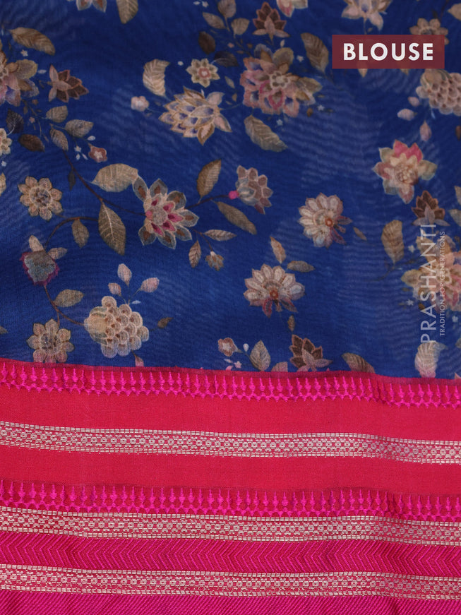 Maheshwari silk cotton saree peacock blue and pink with allover floral prints and thread & zari woven border