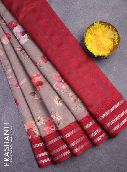 Maheshwari silk cotton saree brown shade and maroon with allover floral prints and thread & zari woven border