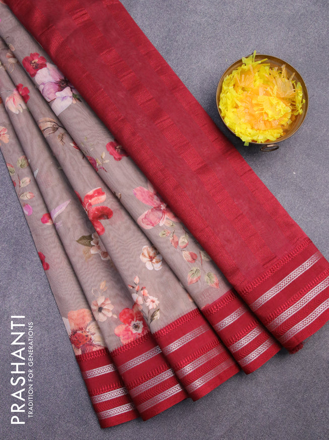 Maheshwari silk cotton saree brown shade and maroon with allover floral prints and thread & zari woven border