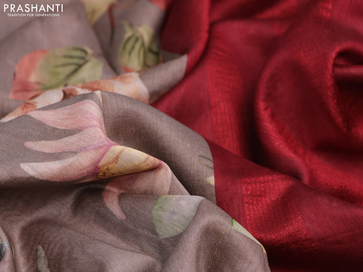 Maheshwari silk cotton saree brown shade and maroon with allover floral prints and thread & zari woven border