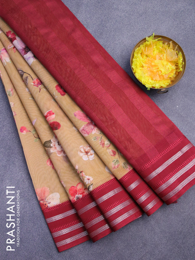 Maheshwari silk cotton saree sandal and maroon with allover floral prints and thread & zari woven border