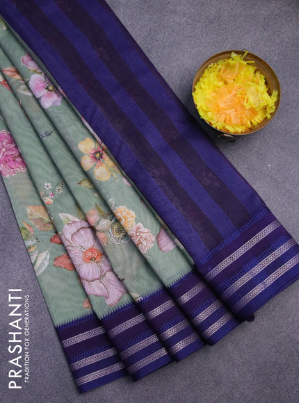 Maheshwari silk cotton saree psastel green and blue with allover floral prints and thread & zari woven border