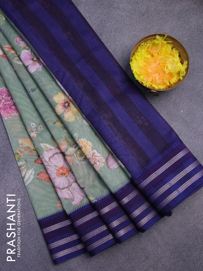 Maheshwari silk cotton saree psastel green and blue with allover floral prints and thread & zari woven border