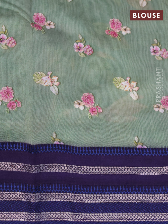 Maheshwari silk cotton saree psastel green and blue with allover floral prints and thread & zari woven border