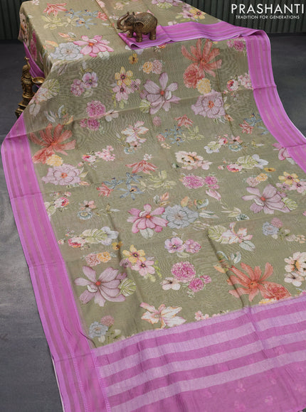 Maheshwari silk cotton saree sap green shade and pink shade with allover floral prints and thread & zari woven border