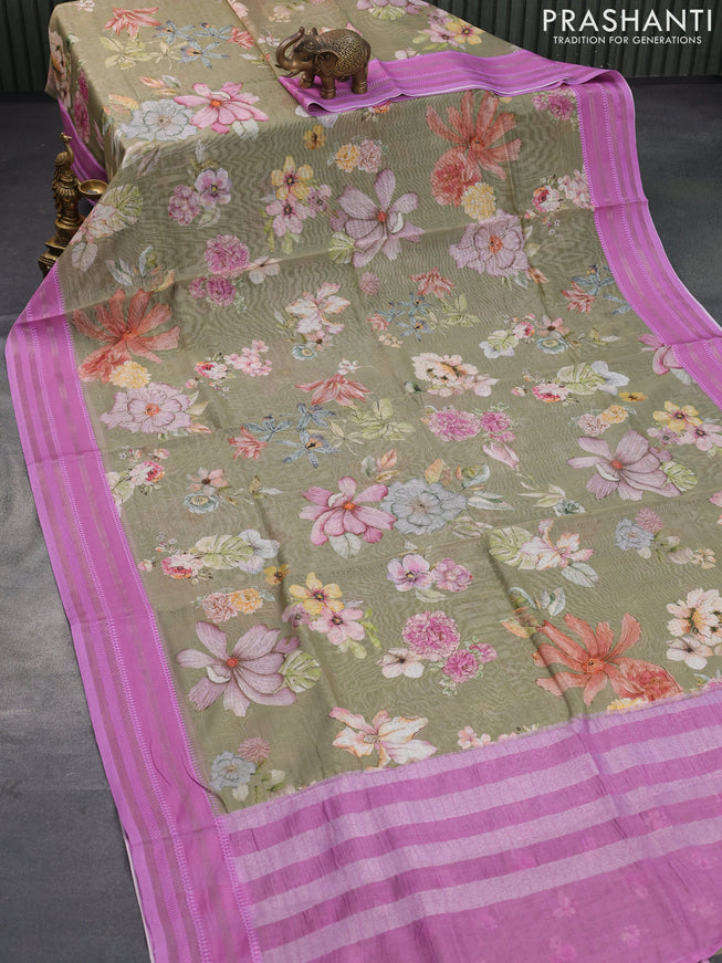 Maheshwari silk cotton saree sap green shade and pink shade with allover floral prints and thread & zari woven border