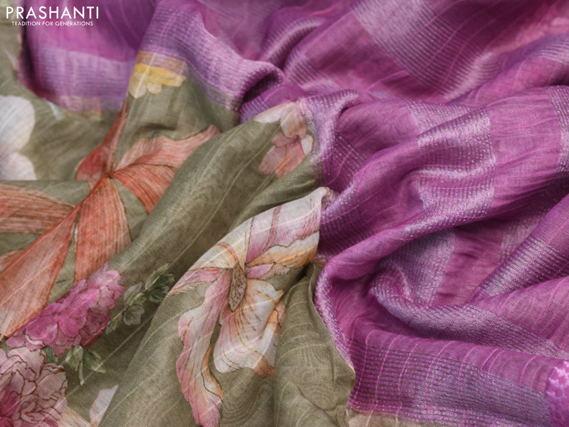 Maheshwari silk cotton saree sap green shade and pink shade with allover floral prints and thread & zari woven border