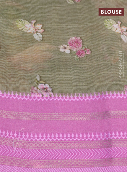 Maheshwari silk cotton saree sap green shade and pink shade with allover floral prints and thread & zari woven border