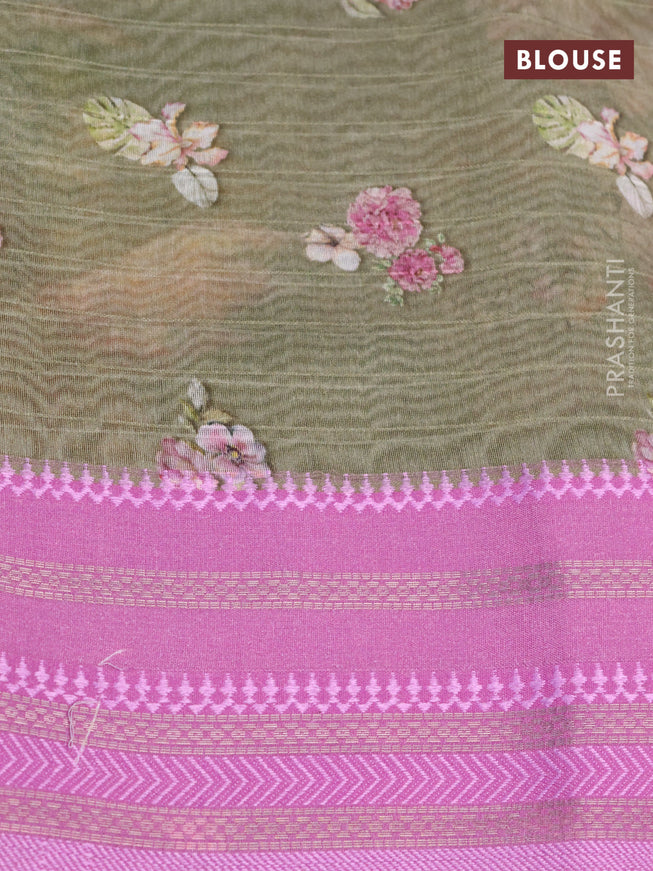 Maheshwari silk cotton saree sap green shade and pink shade with allover floral prints and thread & zari woven border