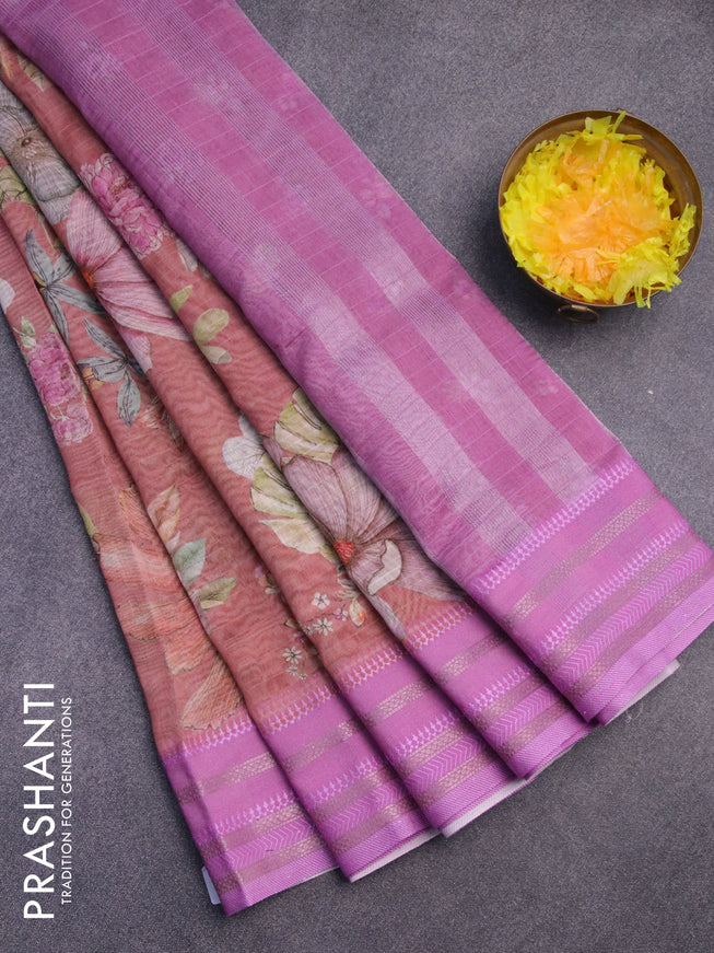 Maheshwari silk cotton saree rust shade and pink shade with allover floral prints and thread & zari woven border